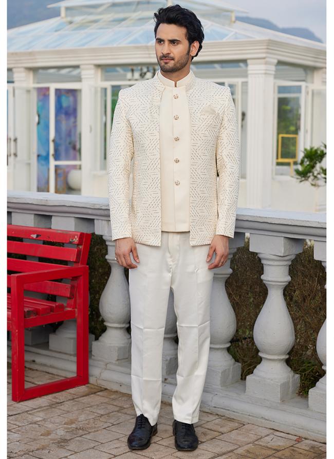 Art Silk Cream Wedding Wear Thread Work Readymade Jodhpuri Suit(Top Only)